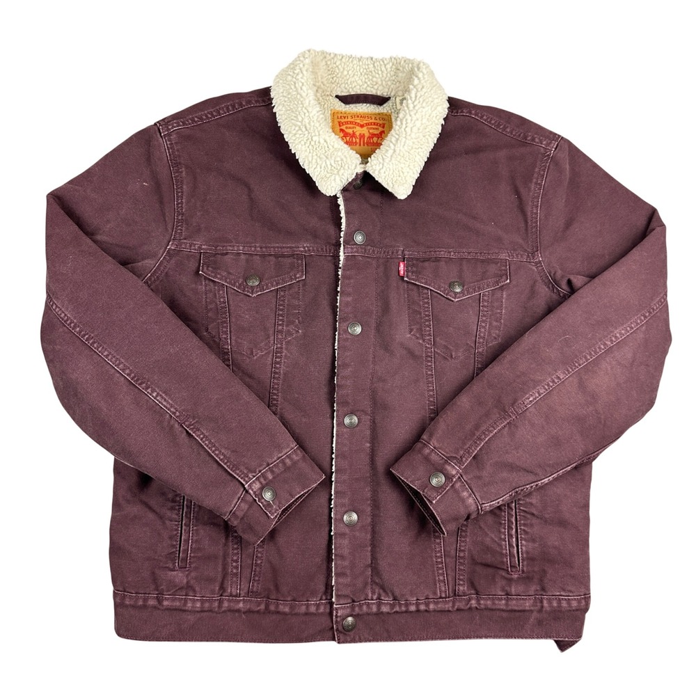 Levi's Sherpa Lined Trucker Jacket Burgundy Maroon Canvas Workwear Coat Mens L
